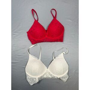 LOT OF 2 VS PINK Floral Lace Bralette Wireless Padded Bra Size Small Red White